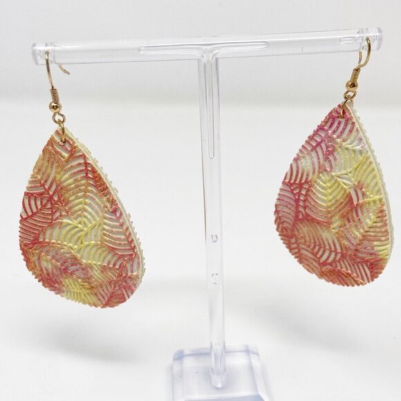 Red & Yellow Leaf Texture Leather Teardrop Earrings - Picture 3 of 4